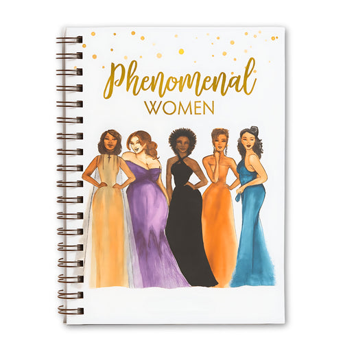 Notebook cover with illustration of five women in colorful dresses and 'Phenomenal Women' text.