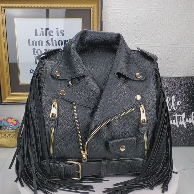 Vegan leather motorcycle jacket backpack with fringe